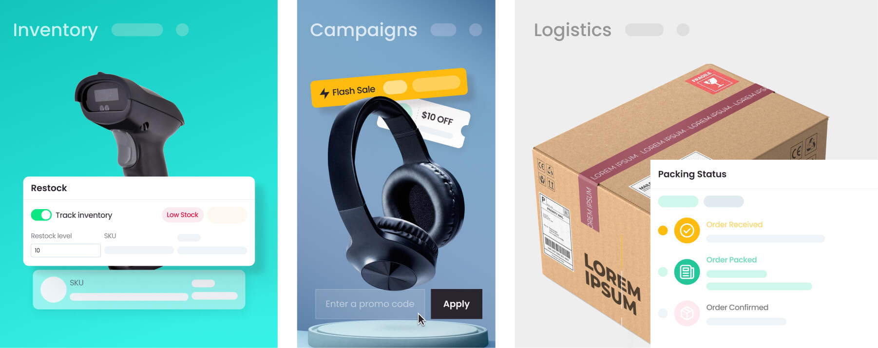 Inventory, Campaign and Logistics Screens from an E-commerce Platform