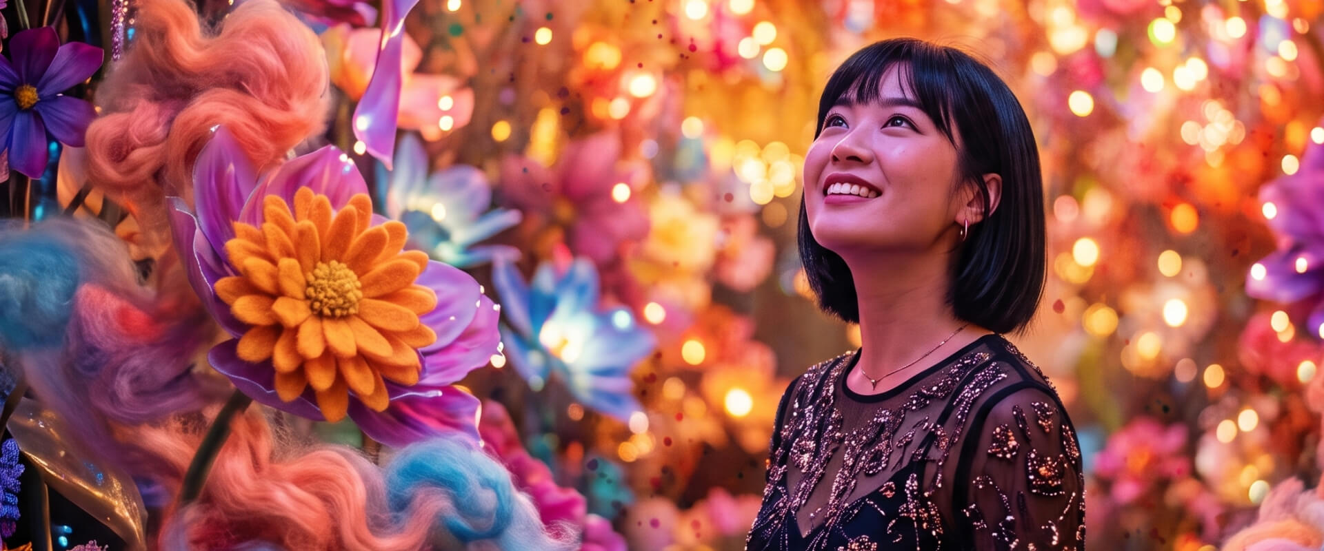 Visitor at an immersive floral light installation
